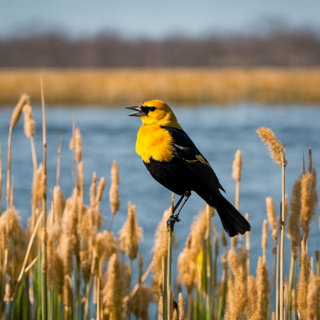 An image showcasing the vibrant beauty of a male Yellow-headed Blackbird, perched on a cattail with its striking yellow head and contrasting black feathers, against a backdrop of the Pennsylvania marshlands