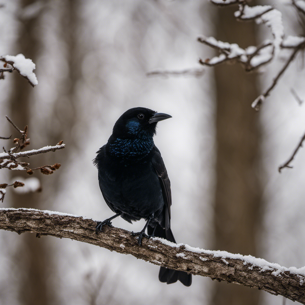 An image capturing the striking scene of a Giant Cowbird perched on a leafless branch amidst the dense woodland of Pennsylvania