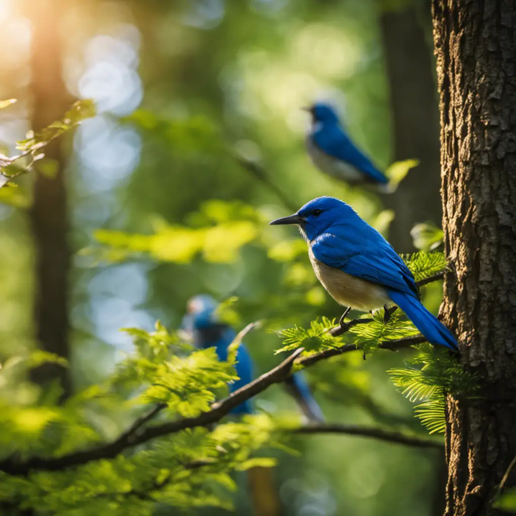 An image showcasing a serene woodland scene in Michigan, with vibrant blue birds perched on slender branches, their feathers shimmering under dappled sunlight filtering through the lush canopy above