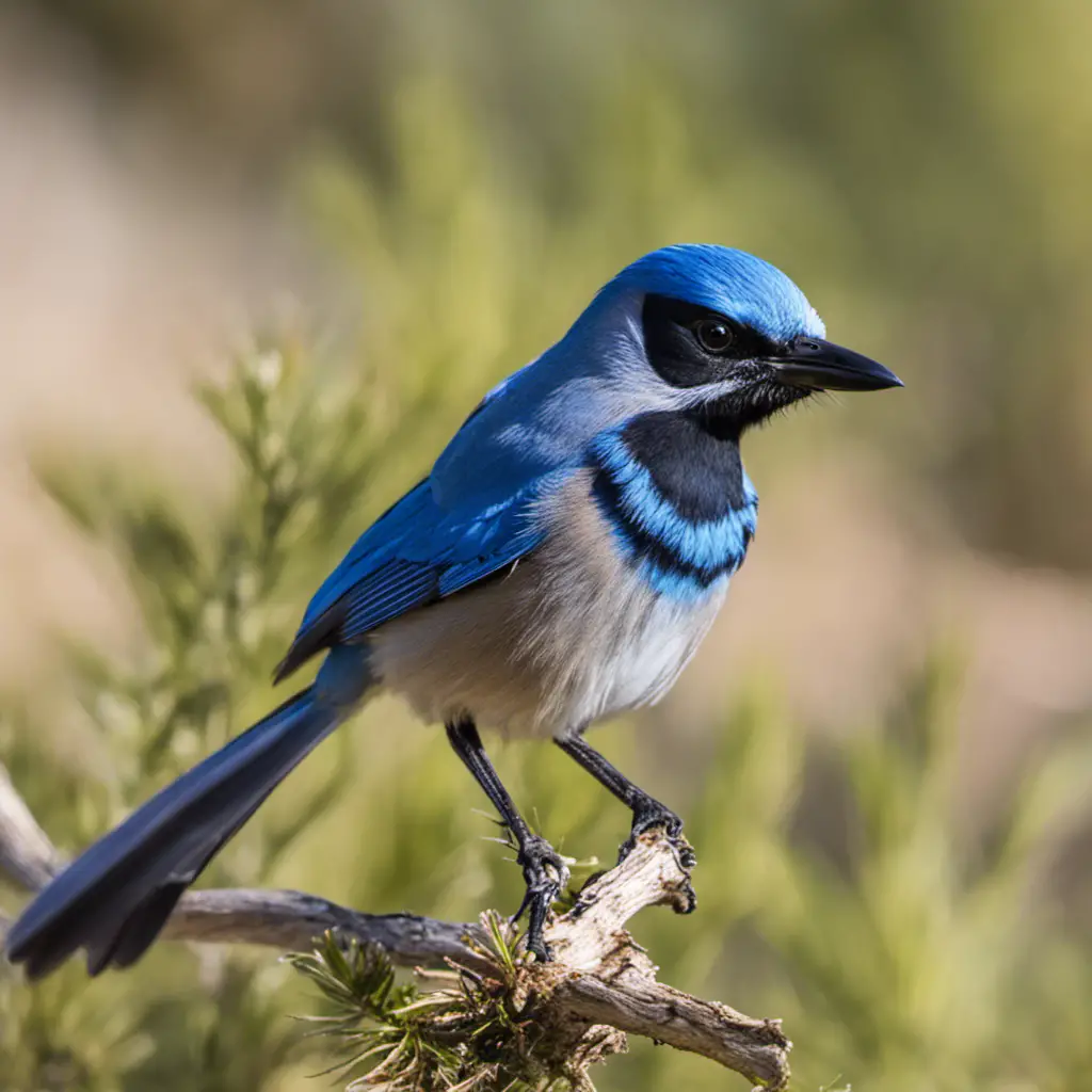 An image showcasing the vibrant Florida Scrub-Jay perched gracefully on a gnarled branch amidst the sun-drenched sandhills of North Carolina, its azure plumage strikingly contrasting with the lush greenery