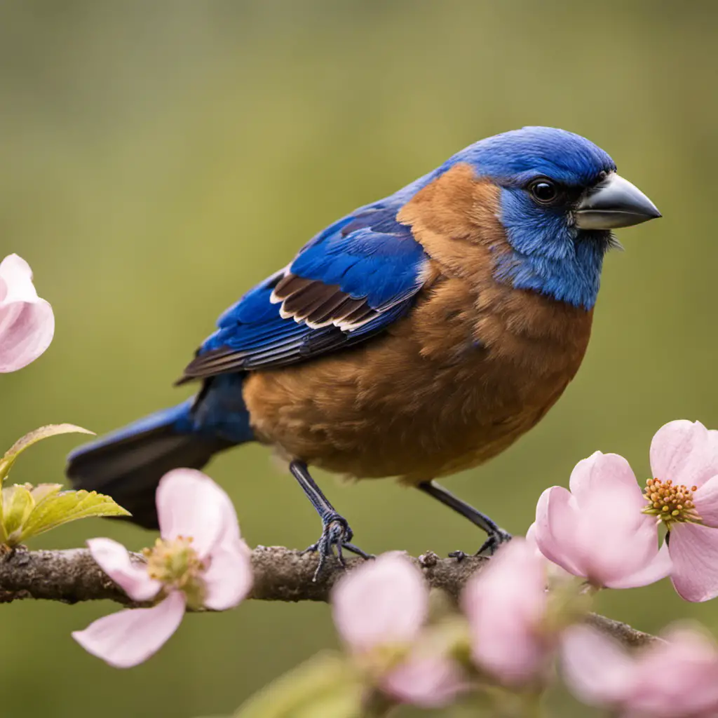 An image capturing the vibrant beauty of a male Blue Grosbeak perched on a blooming dogwood branch in a sunlit North Carolina meadow, showcasing its deep blue plumage and contrasting rusty brown wings