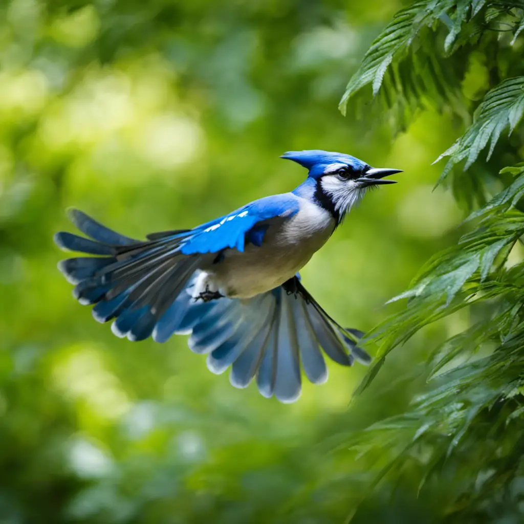  the vibrant essence of North Carolina's Blue Jays in flight, against a backdrop of lush green foliage