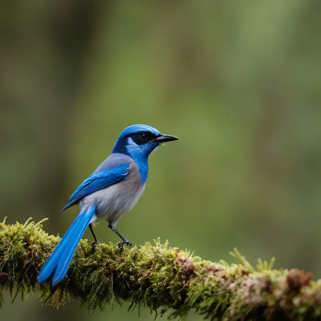 An image showcasing the vibrant and striking Woodhouse's Scrub-Jay, perched on a moss-covered branch in a dense North Carolina forest