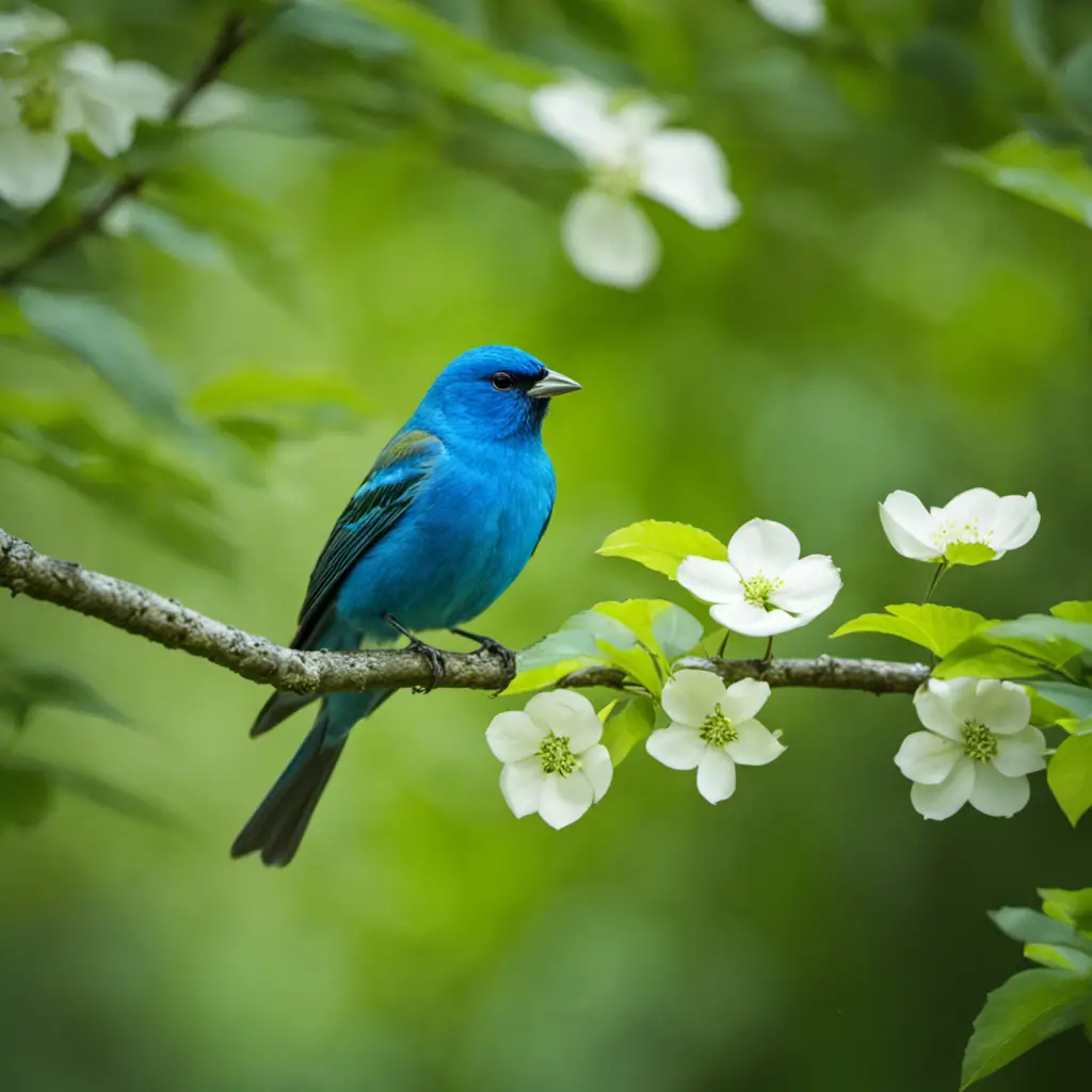 An image capturing the vibrant scene of a male Indigo Bunting perched on a blooming dogwood tree branch in a lush North Carolina forest, showcasing its radiant blue feathers against a backdrop of lush green foliage