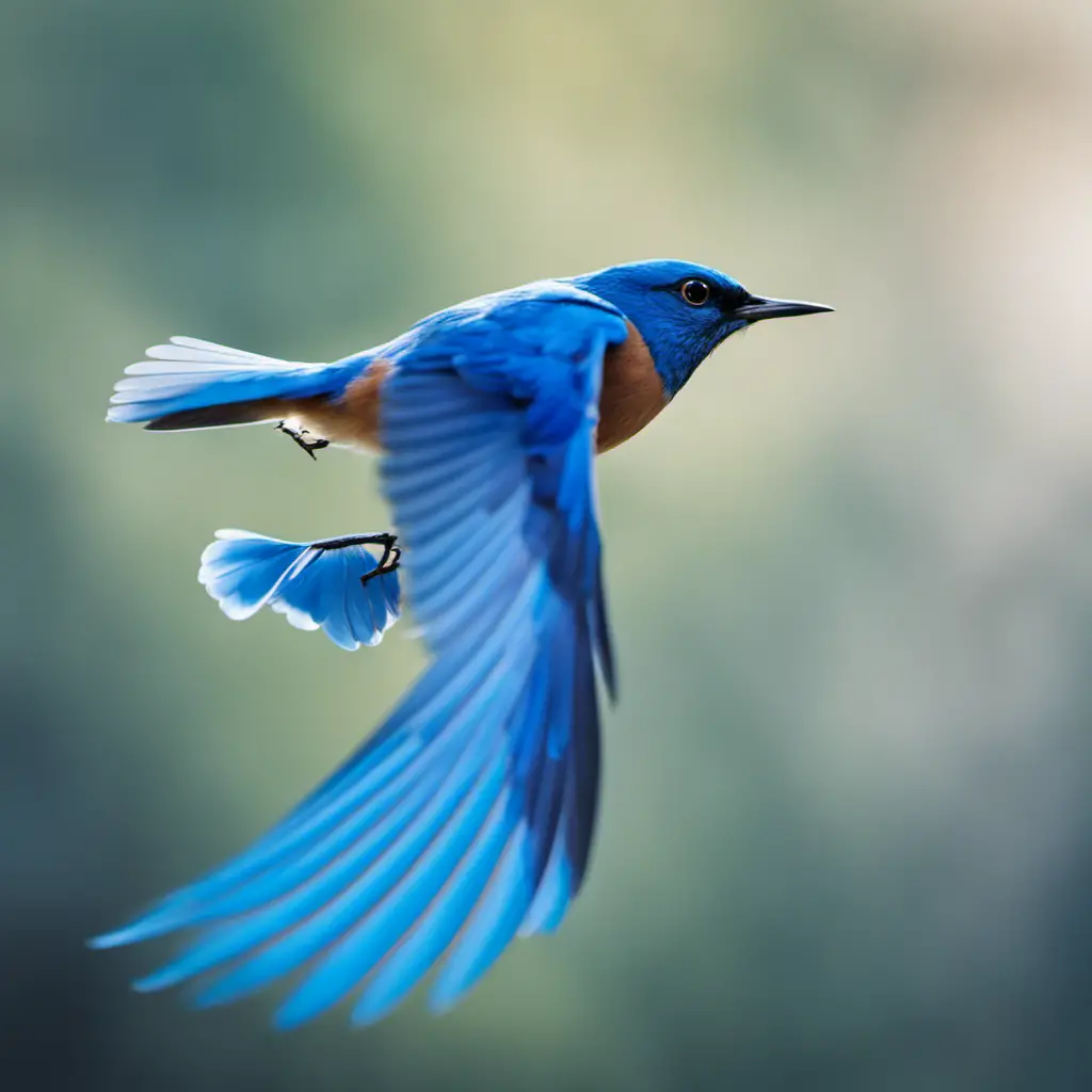 An image capturing the ethereal beauty of blue birds in flight, their vibrant azure feathers gracefully gliding through the air, contrasting against a clear cerulean sky