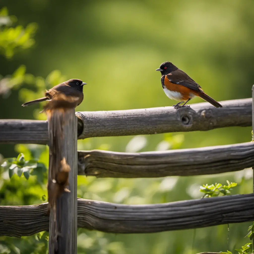 An image showcasing the enchanting world of brown birds in Illinois: a charming Eastern Towhee perched on a weathered wooden fence, surrounded by lush green foliage, while a majestic Northern Flicker explores the ground below