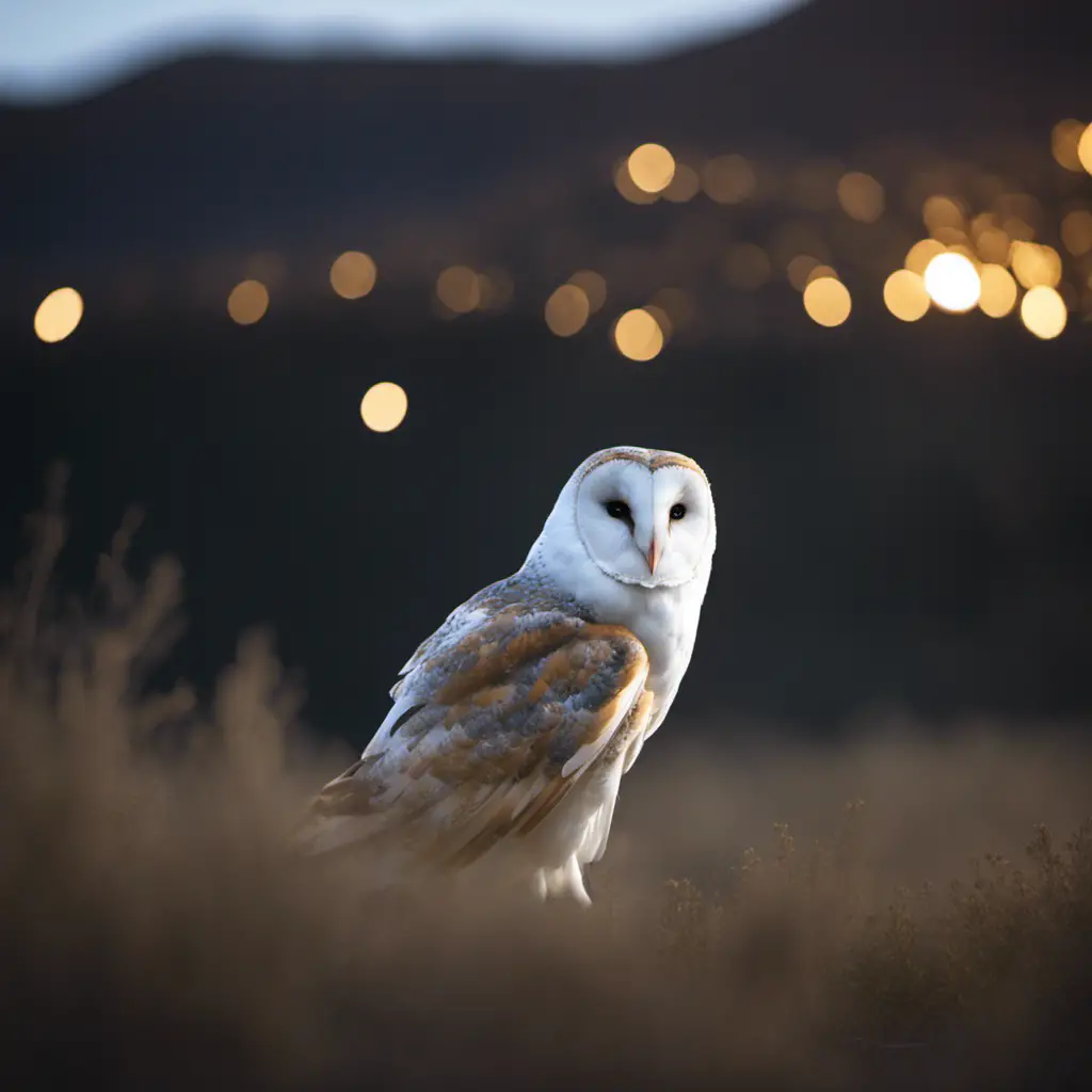 An image capturing the ethereal beauty of a nocturnal encounter with a Barn Owl in its natural habitat—a ghostly silhouette gliding through moonlit California hills, its heart-shaped face and white-feathered plumage illuminated against the starry night sky