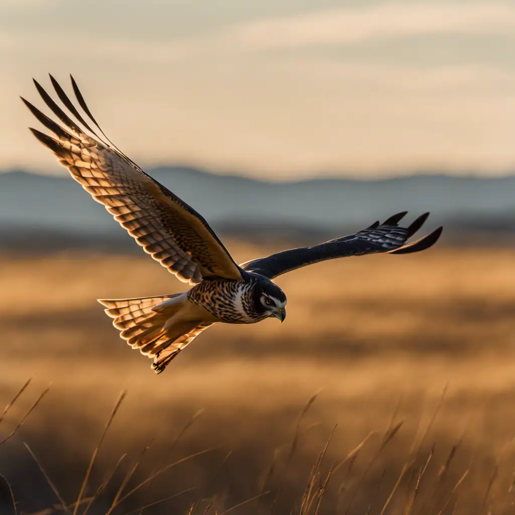 An image capturing the graceful flight of a Northern Harrier, its long, slender wings spanning across the golden California sky, as it scans the marshlands below with its piercing yellow eyes