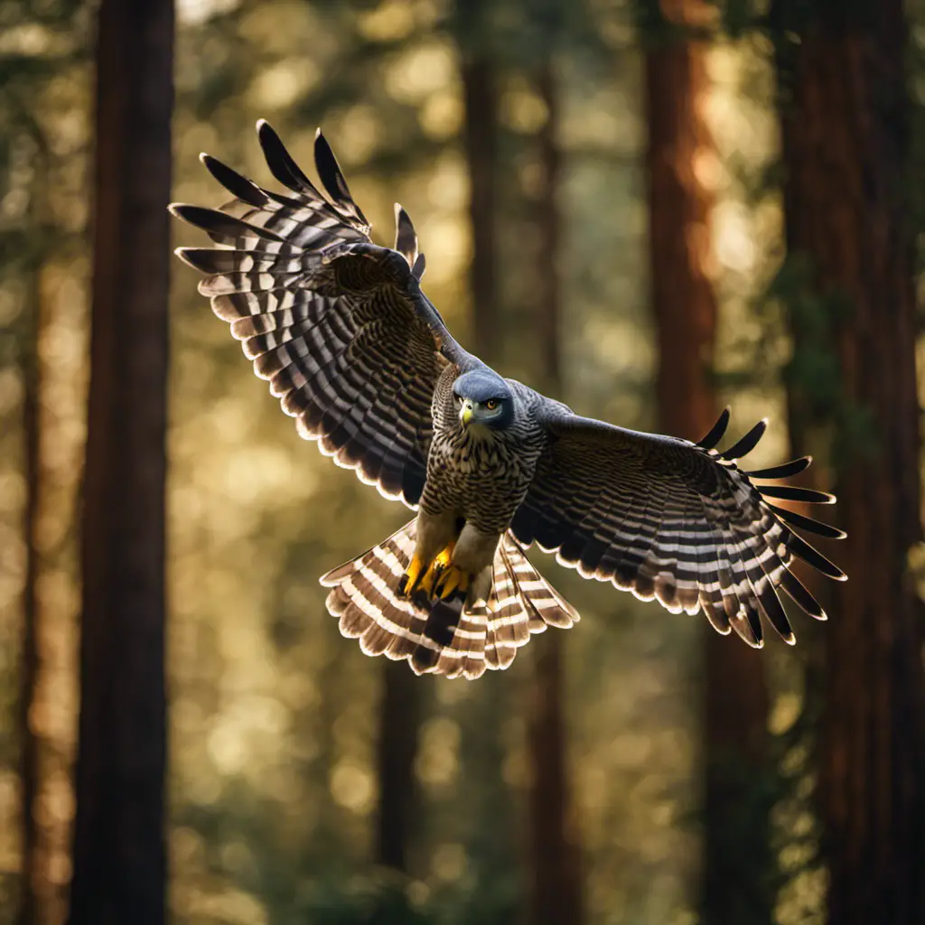 An image of a majestic Northern Goshawk soaring above a dense forest of towering redwoods, its piercing yellow eyes focused on its prey below