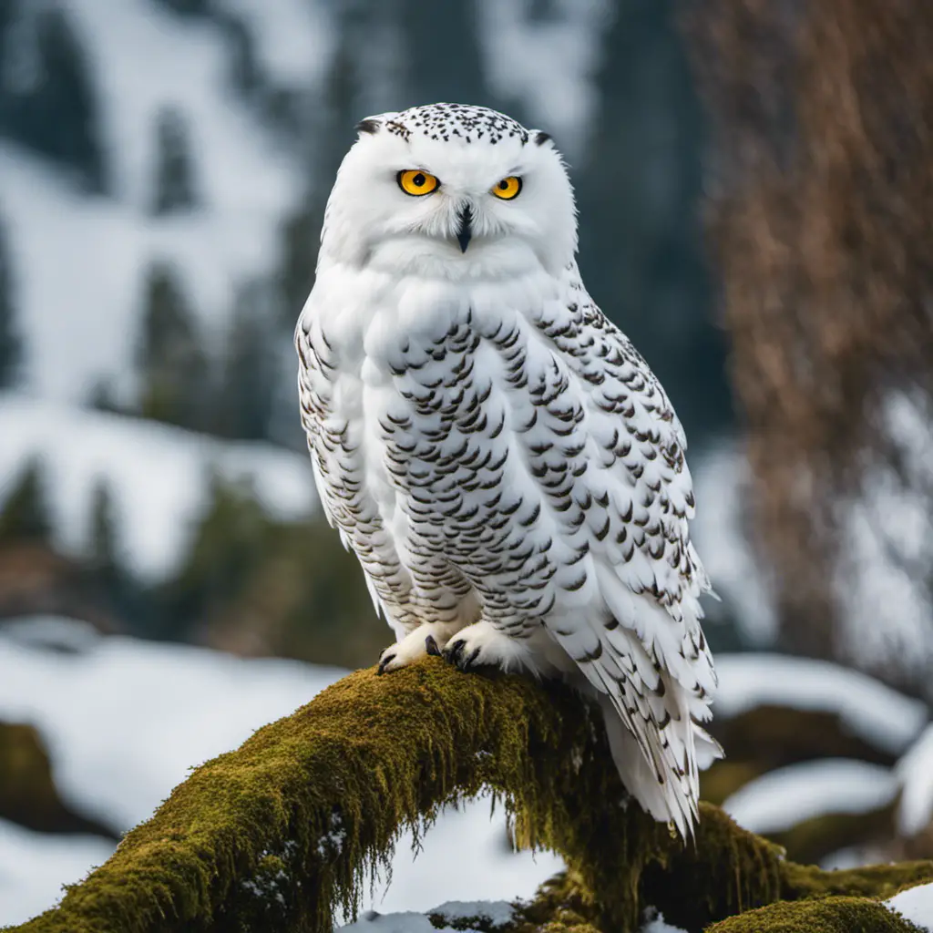 An image capturing the awe-inspiring beauty of a Snowy Owl perched on a moss-covered branch against a backdrop of California's snow-capped mountains, its piercing yellow eyes glinting with wisdom and grace