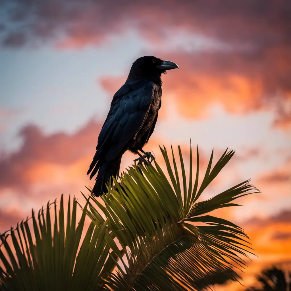 An image capturing the captivating sight of a Chihuahuan raven perched atop a towering palm tree, its glossy black feathers contrasting against the vibrant Floridian sunset backdrop, evoking a sense of mystery and allure