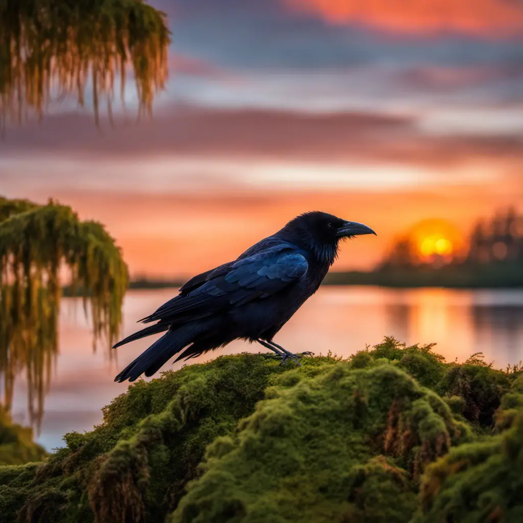 An image capturing the enchanting sight of a solitary Common Raven perched on a moss-covered cypress branch, surrounded by the vibrant hues of a Florida sunset reflecting on the calm waters below