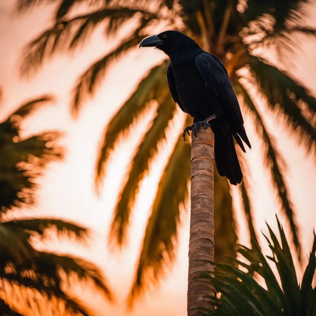 An image capturing the eerie charm of a solitary Fish crow perched on a towering palm tree against a backdrop of a vivid orange Florida sunset, perfectly embodying the mysterious allure of these unique avian residents