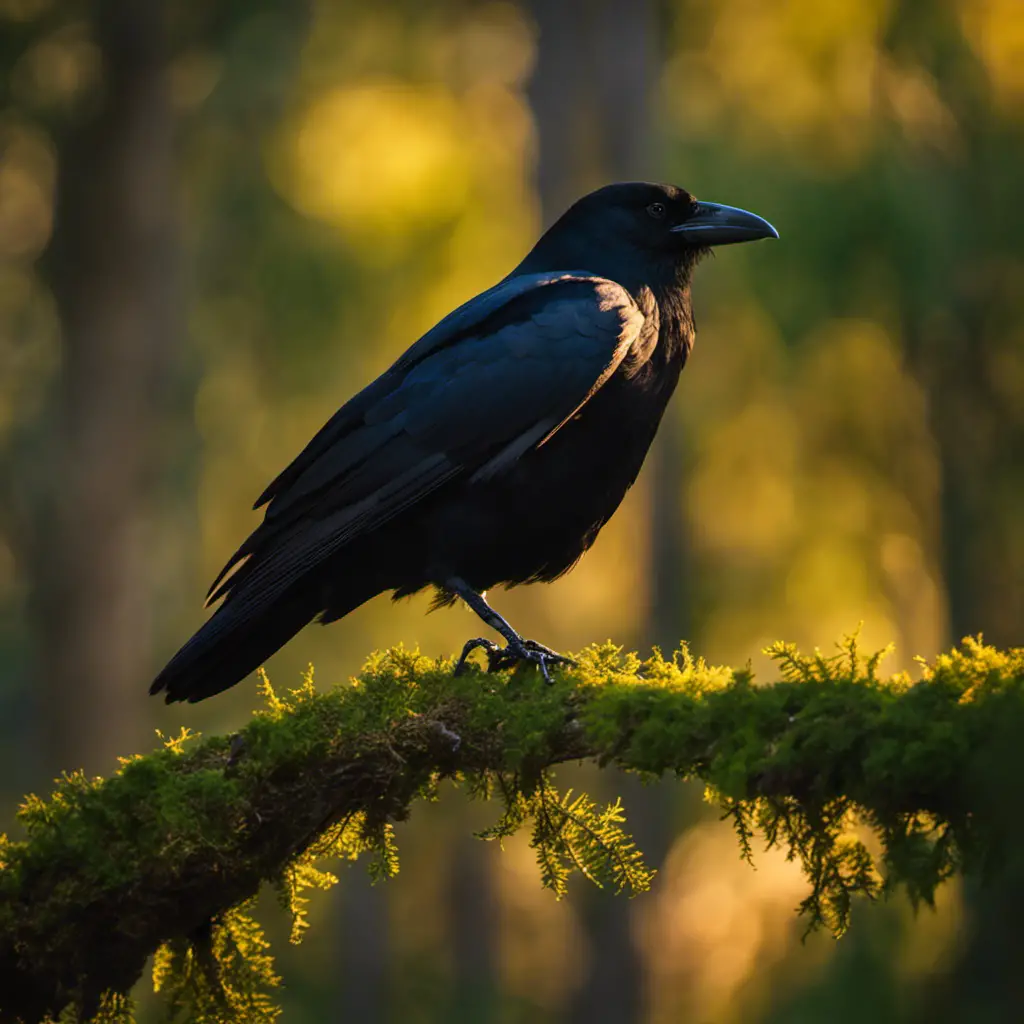 An image capturing the vibrant scene of a Northwestern crow perched on a moss-laden cypress branch, surrounded by the lush greenery of a Florida swamp, bathed in the soft golden light of the setting sun