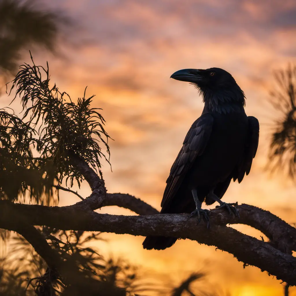 An image showcasing a majestic Fan-tailed Raven perched on a swaying Spanish moss-covered branch, against the backdrop of a vibrant Florida sunset casting a warm golden glow over the marshlands