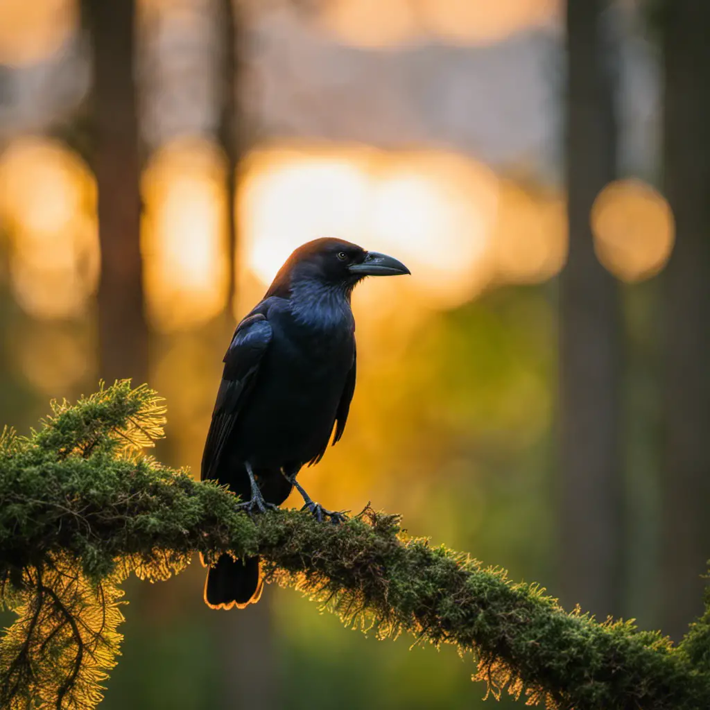 An image capturing the essence of a Florida landscape, with a solitary American crow perched on a moss-covered cypress branch, bathed in the warm golden light of a setting sun
