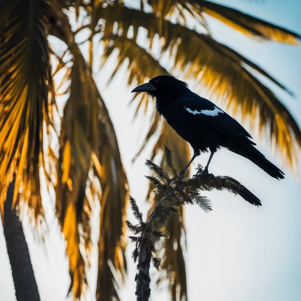 An image capturing the sleek silhouette of a Pied crow perched on a sun-kissed palm tree in Florida