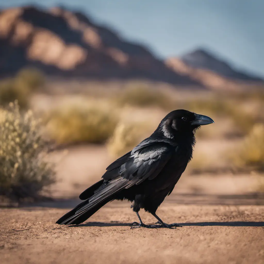 An image capturing the untamed beauty of a Chihuahuan Raven in Texas, showcasing its glossy black feathers contrasting against the arid desert landscape, as the intelligent bird surveys its domain