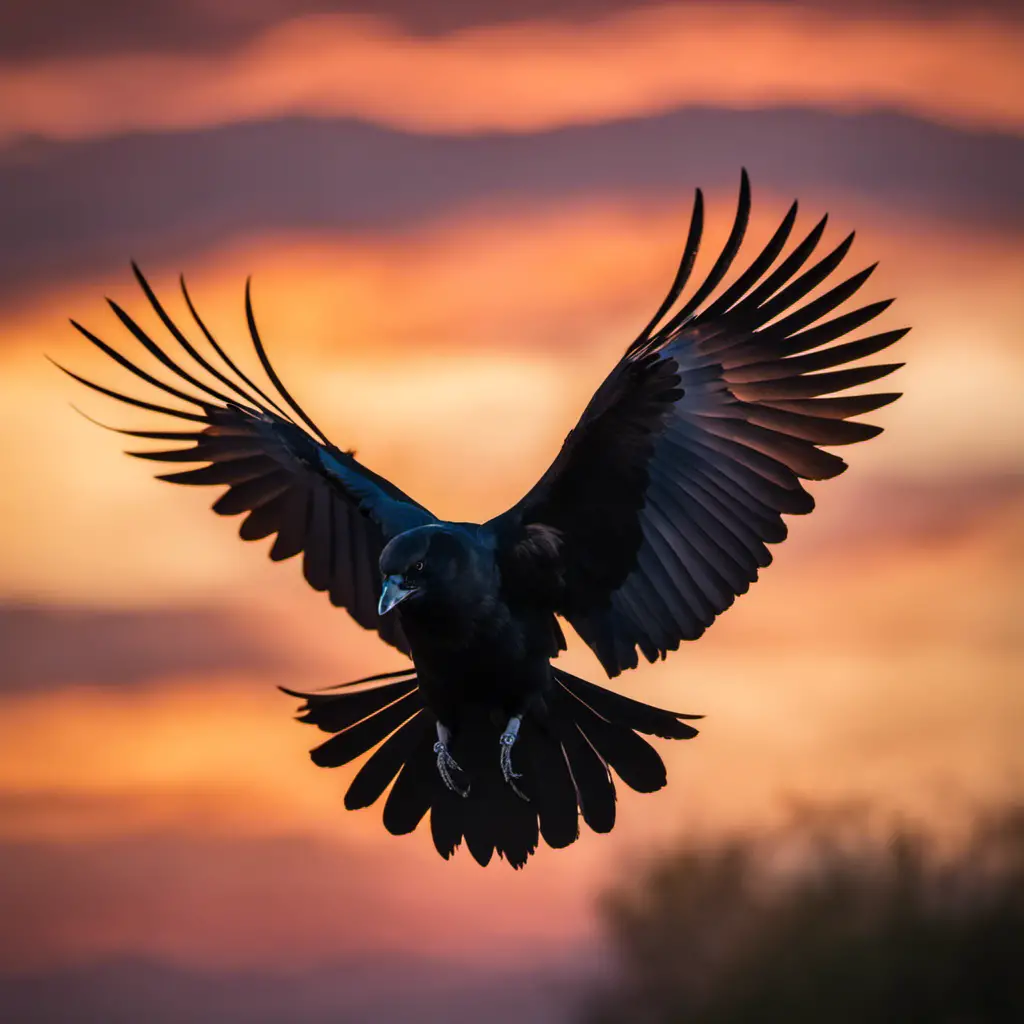 An image capturing the enigmatic beauty of a White-necked Raven soaring against a vibrant Texas sunset, its iridescent black feathers gleaming, as it gracefully glides through the open sky