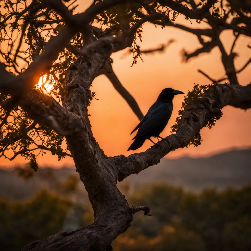 An image capturing the majestic House Crow in its Texan habitat: a sleek, jet-black bird with a distinctive curved beak, perched on a gnarled oak branch against a vibrant sunset backdrop