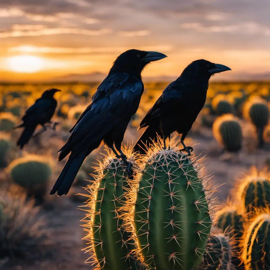An image capturing the essence of Tamaulipas Crows in Texas: against a vibrant Texan sunset, a group of sleek, black crows perched on cacti, their glossy feathers shimmering as they observe their arid surroundings