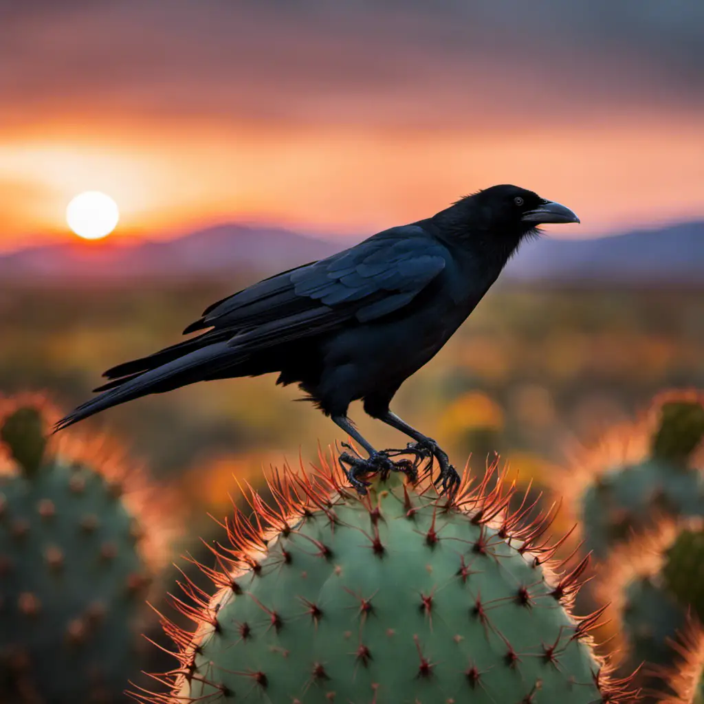 An image capturing the mesmerizing sight of an American Crow perched on a lone prickly pear cactus amidst the vast Texan grasslands, its glossy black feathers contrasting against the vibrant sunset sky