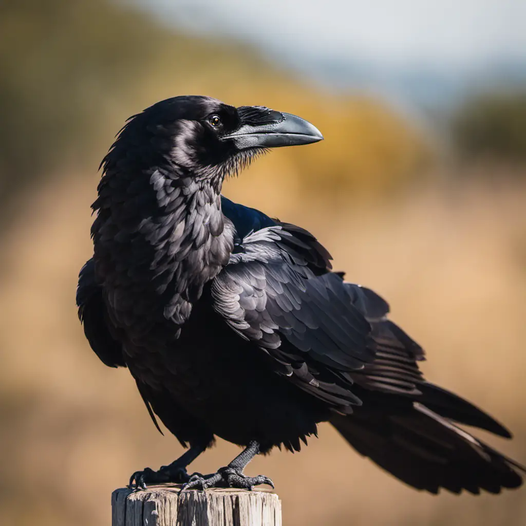 An image capturing the enchanting presence of a Thick-billed Raven amidst the vibrant Texan landscape; showcasing its glossy black plumage, powerful beak, and piercing eyes, as it perches majestically on a weathered wooden fencepost