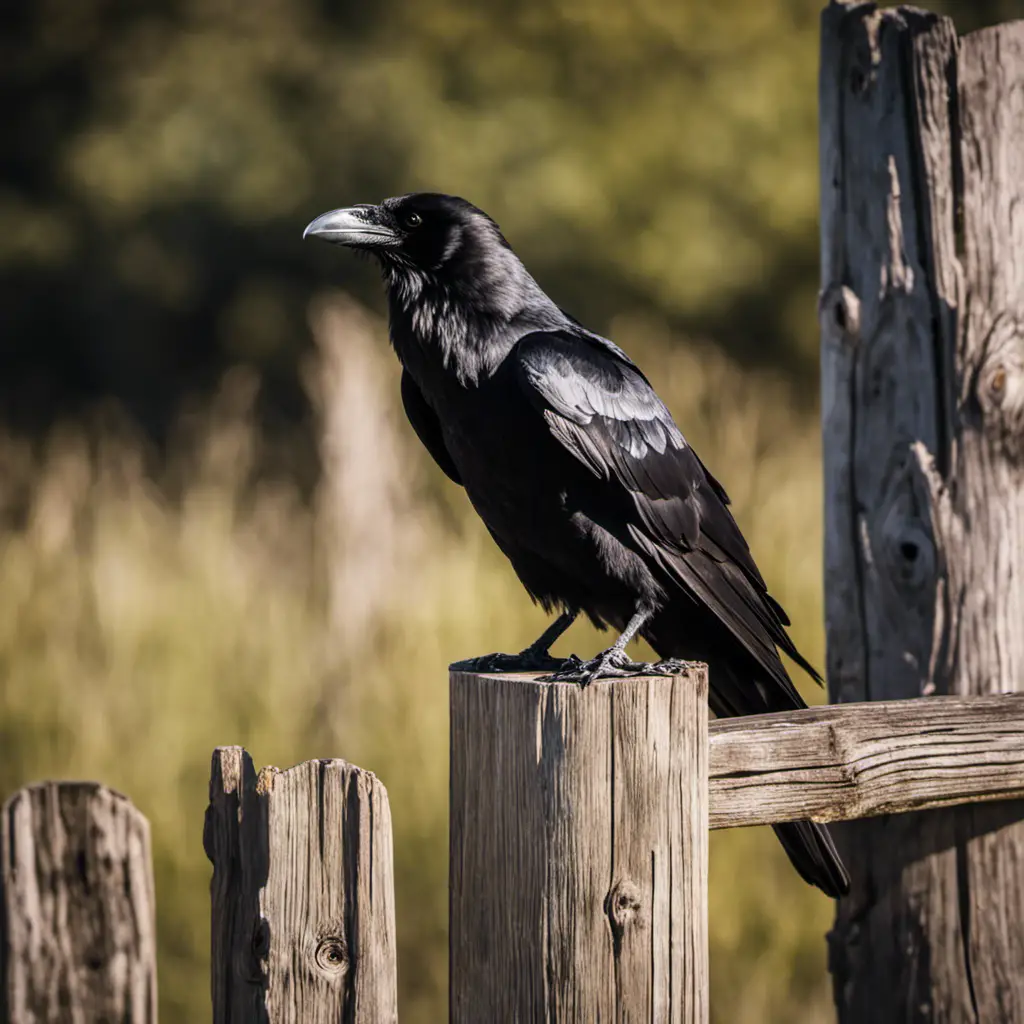 An image capturing the majestic presence of a Common Raven in Texas: a large, glossy black bird perched atop a weathered wooden fence, its sharp beak and intelligent eyes shining under the Texan sun