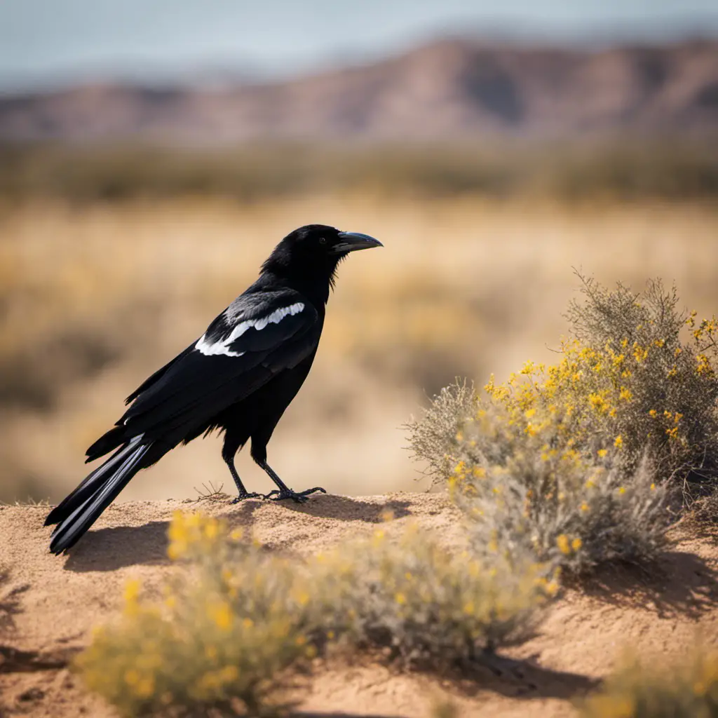 An image capturing the striking presence of a Pied Crow in the vast Texan landscape