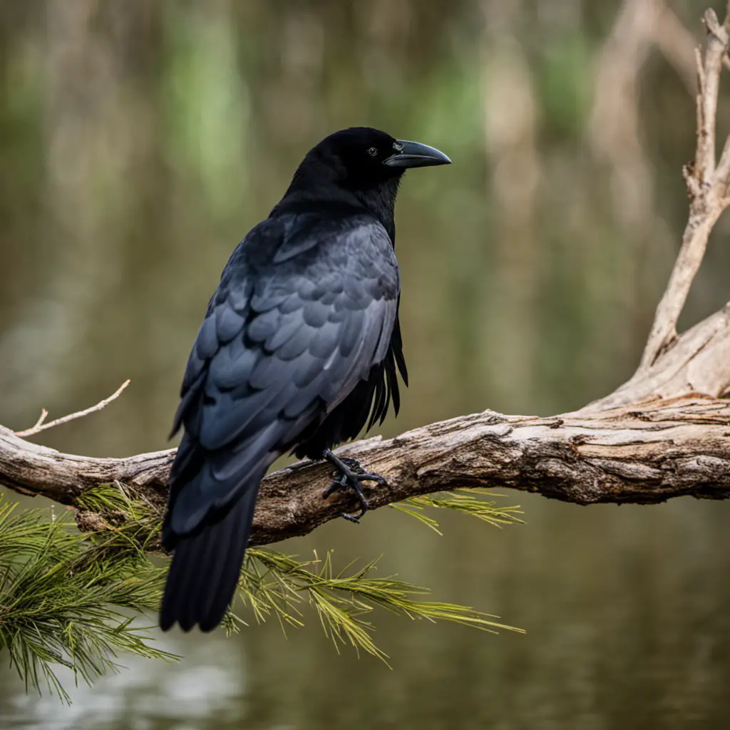 An image capturing the mystique of a Fish Crow in Texas: a sleek, glossy-black bird with a distinctive hooked bill, perched on a cypress branch, its keen eyes fixated on the shimmering waters below