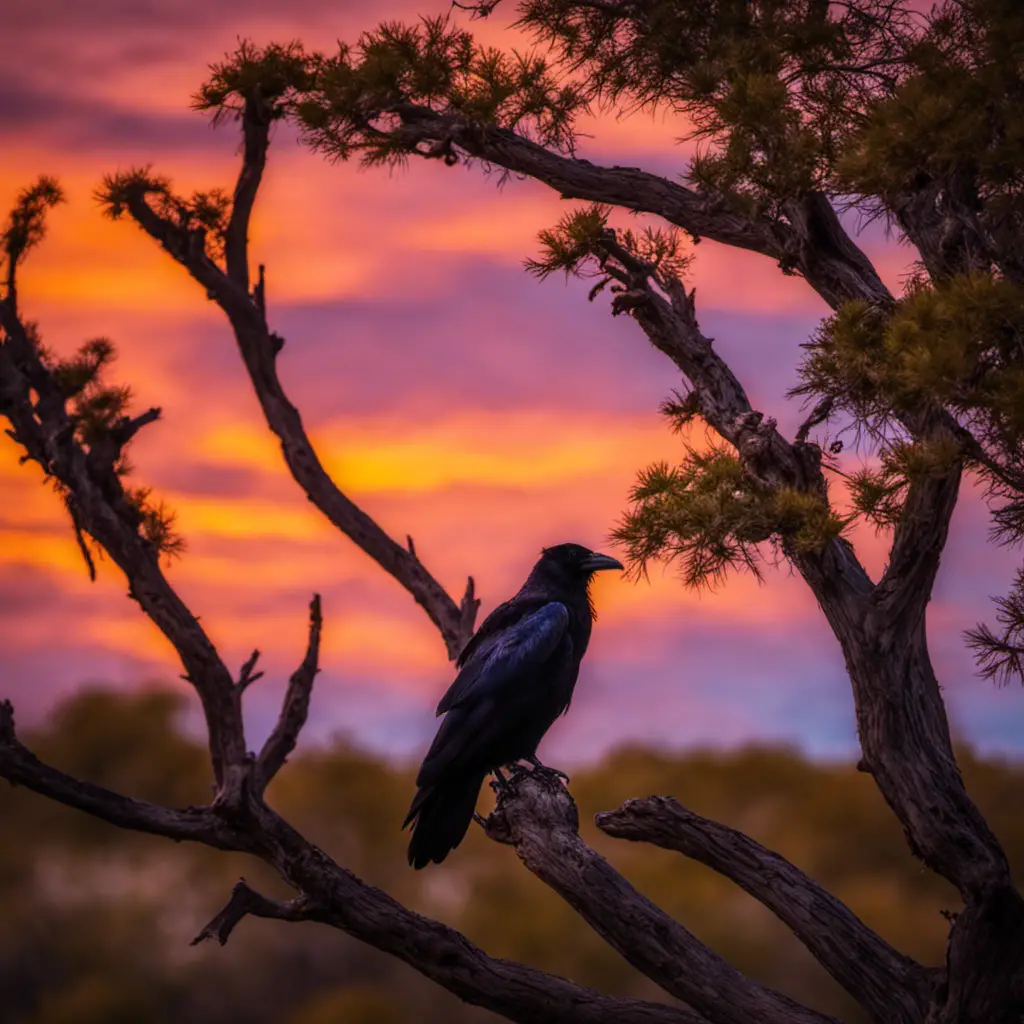 An image capturing the majestic presence of a Brown-necked Raven perched on a mesquite tree, against the backdrop of a vast Texan sky with fiery hues of orange and purple, evoking the essence of Texas