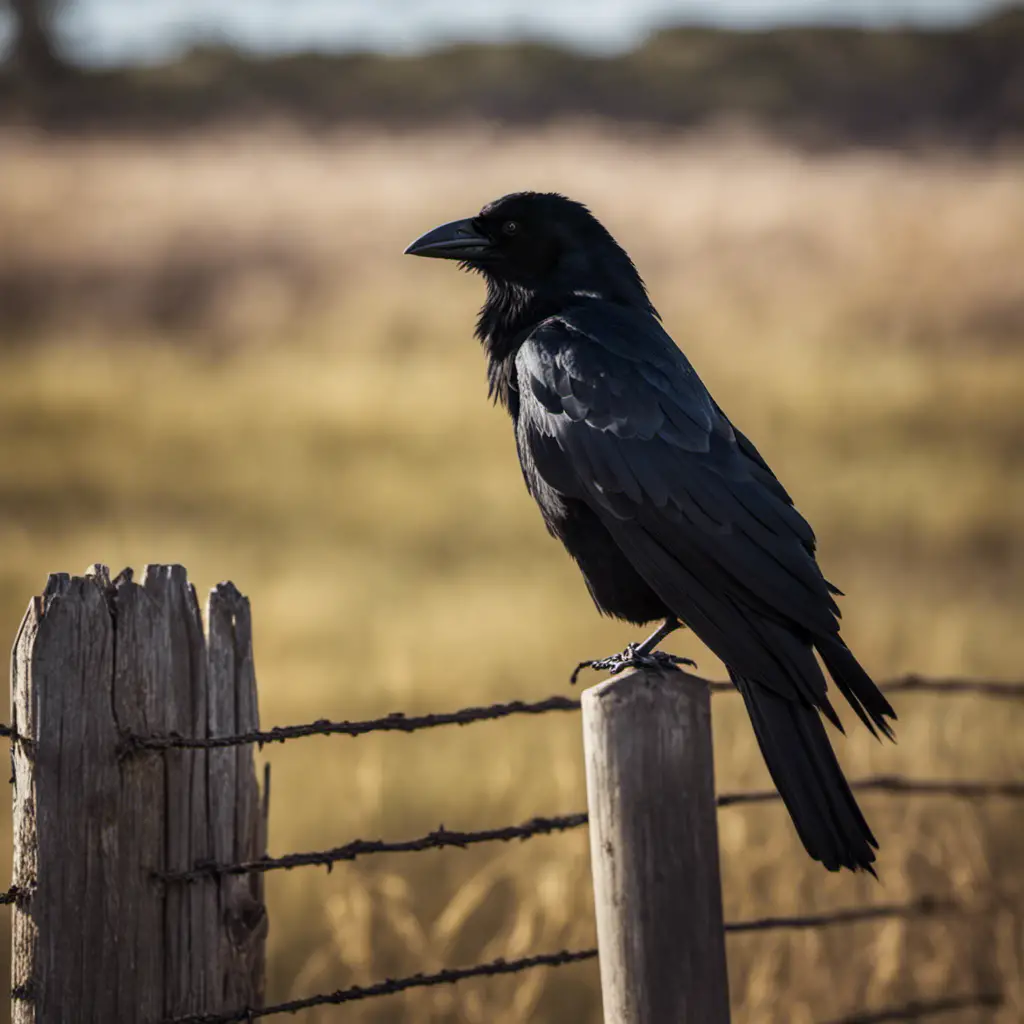 An image capturing the captivating scene of a Collared Crow perched atop a weathered wooden fence post, its glossy black feathers contrasting against the rustic backdrop of the Texas landscape