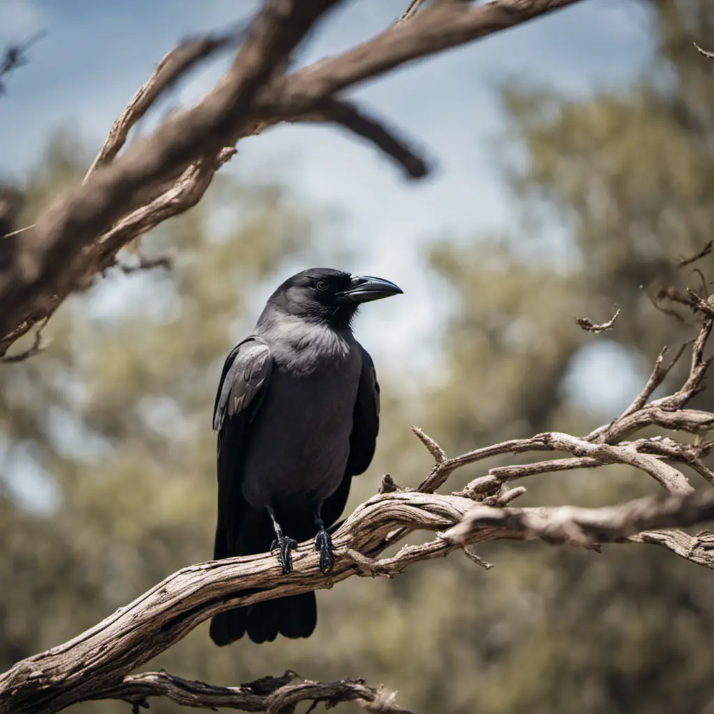 An image capturing the essence of a Grey Crow in Texas: a sleek, charcoal-feathered bird perched on a gnarled mesquite branch, its sharp, obsidian eyes fixed on the vast Texan landscape below