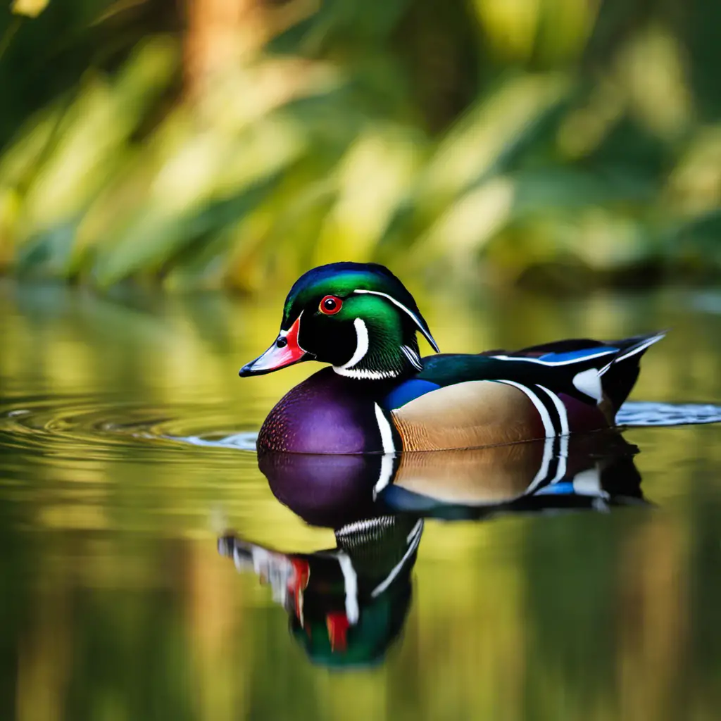 An image capturing the vibrant beauty of a male Wood Duck, gracefully gliding on a tranquil pond in Arizona