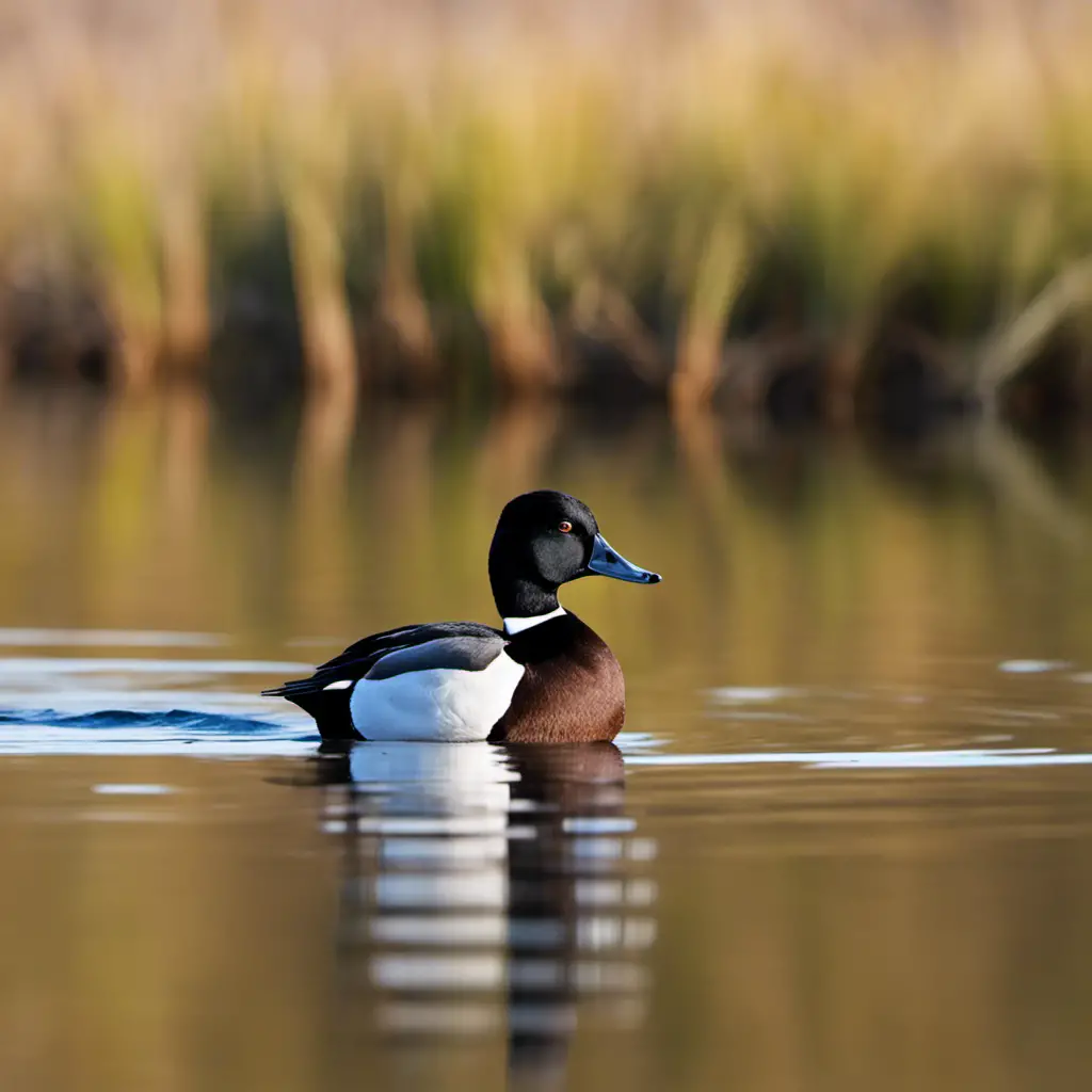 An image that showcases the vibrant splendor of a Ring-necked Duck gliding gracefully across the tranquil waters of an Arizona wetland, its distinctive black head and white ring standing out against the desert backdrop