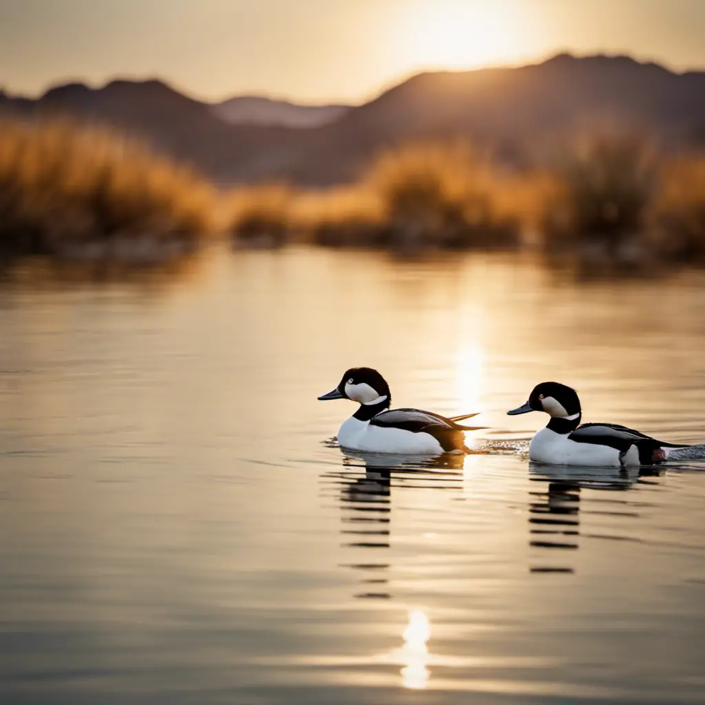 An image capturing the vibrant scene of two Bufflehead ducks gracefully gliding across the shimmering waters of an Arizona lake, surrounded by picturesque desert landscapes and bathed in warm, golden sunlight