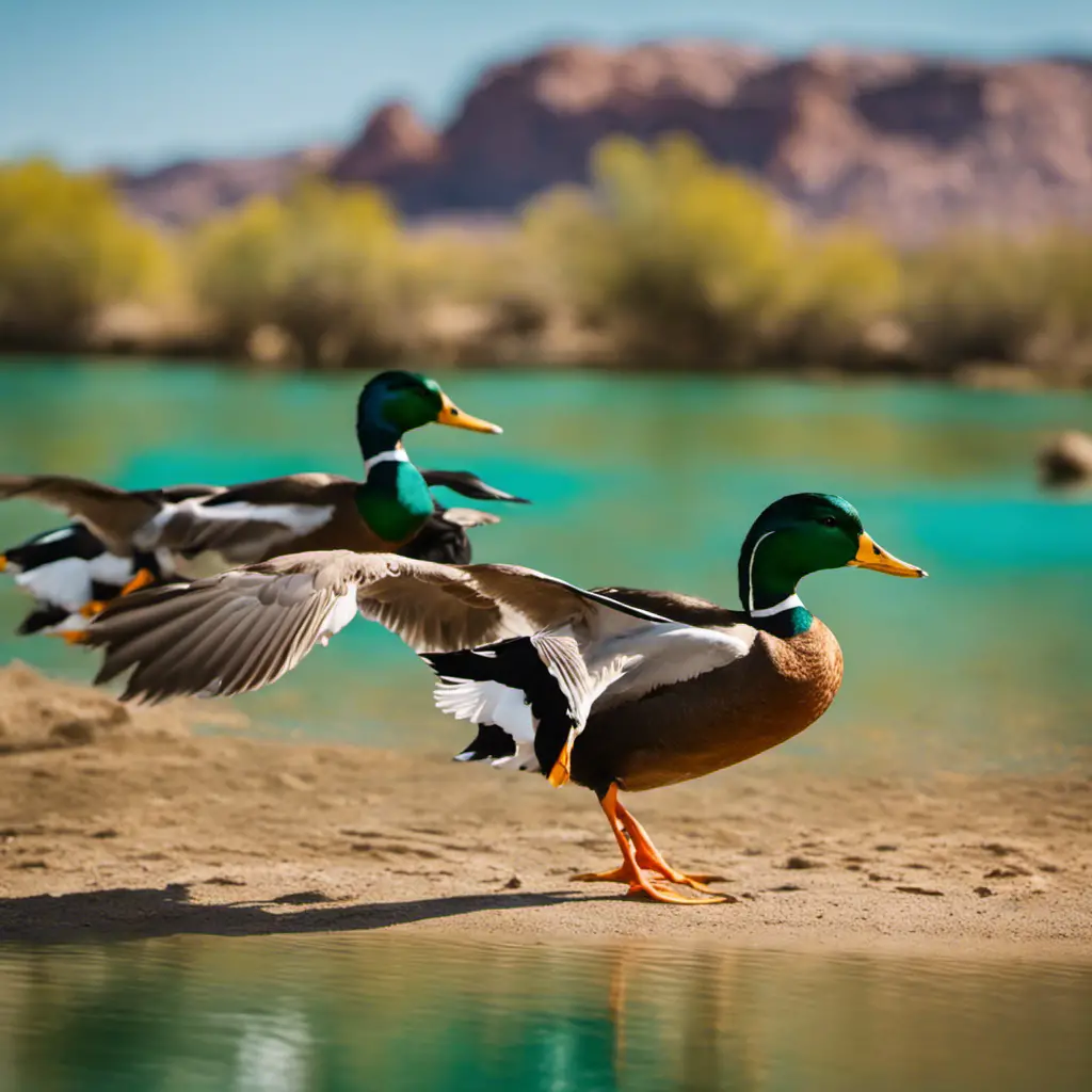 An image capturing the vibrant Mallard ducks gracefully gliding across a serene turquoise lake nestled amidst the breathtaking desert landscape of Arizona, their striking emerald plumage shimmering under the warm desert sun