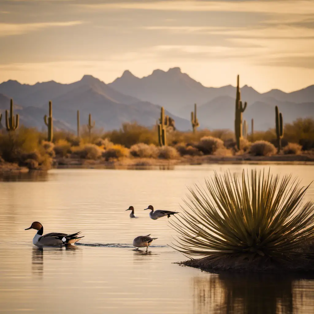 the serenity of Arizona's Northern Pintails gliding gracefully across the tranquil waters of a secluded desert pond, framed by towering saguaro cacti and the majestic mountains in the background