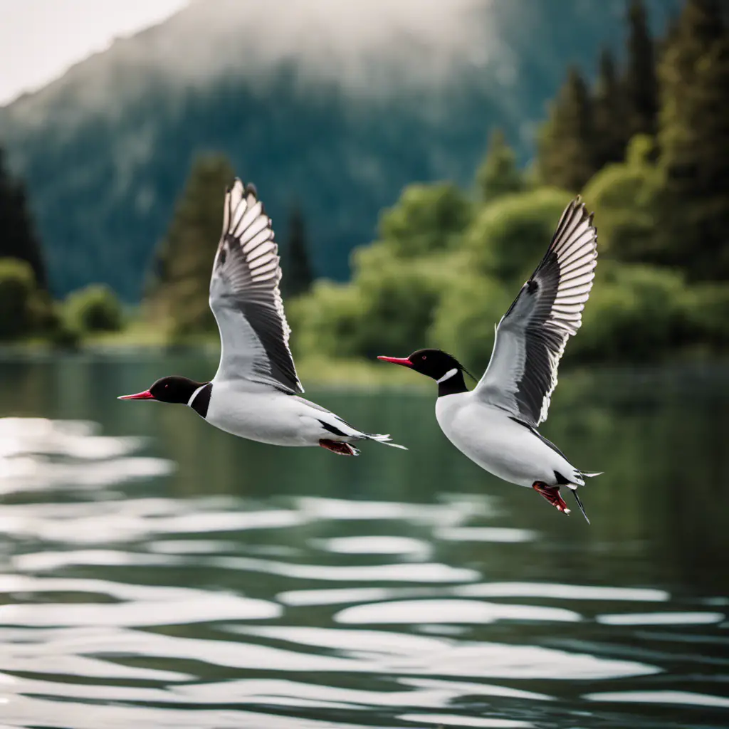 An image capturing the vibrant scene of Common Mergansers gracefully gliding through the crystal-clear waters of a Californian lake, their sleek black-and-white bodies contrasting against the lush greenery and towering mountains in the background