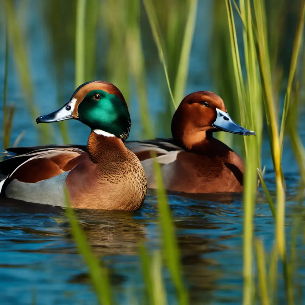 An image showcasing the vibrant plumage of Cinnamon Teal ducks as they gracefully glide across the picturesque wetlands of California, their rich cinnamon-colored bodies contrasting against the shimmering blue water and lush green reeds