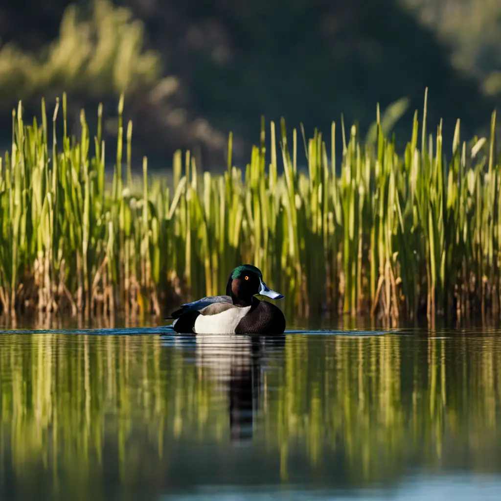 An image capturing the serene beauty of Lesser Scaup ducks, gliding gracefully on the tranquil waters of a Californian lake, with lush green reeds dotting the shore and distant mountains providing a breathtaking backdrop