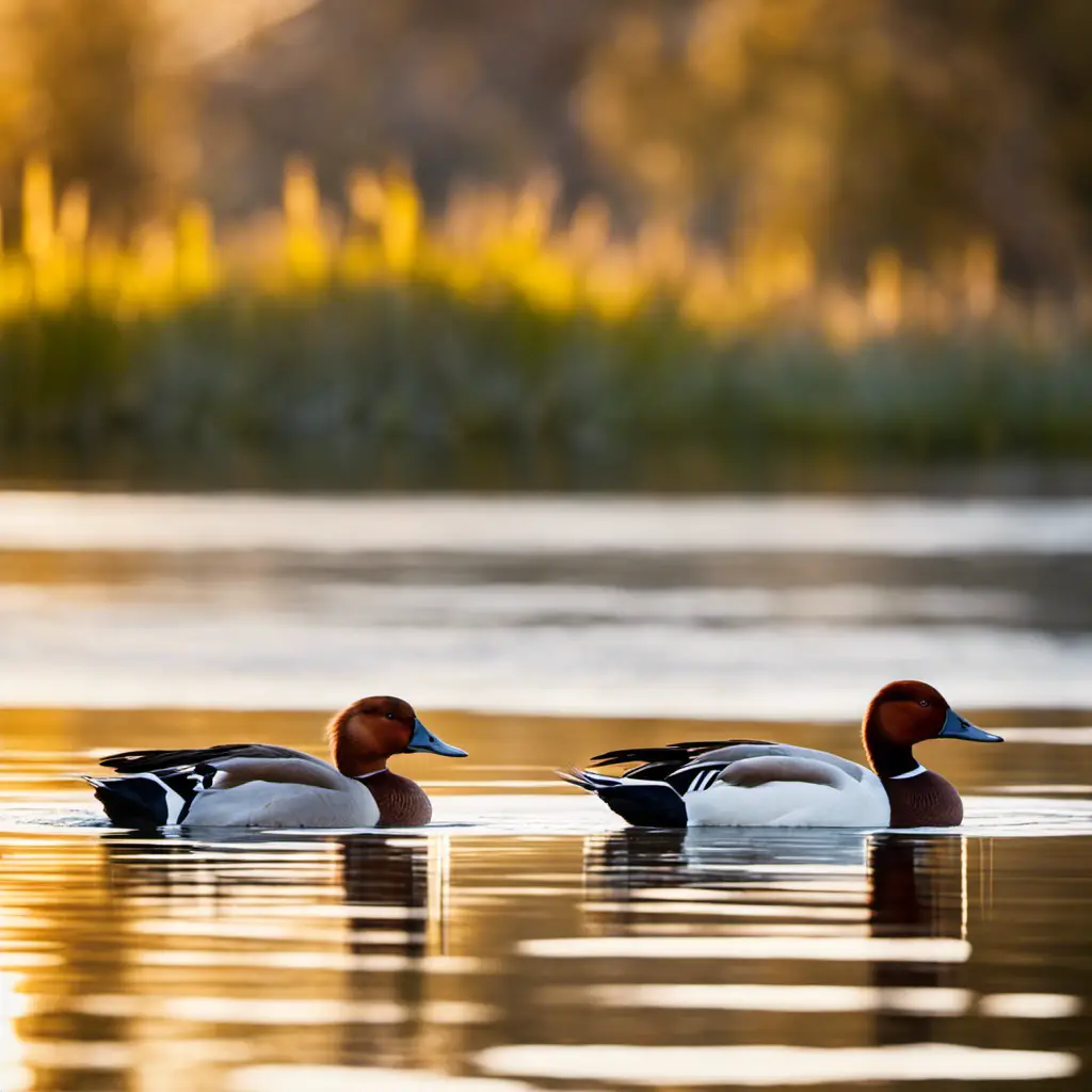 An image with a serene California wetland landscape, showcasing a pair of magnificent Canvasback ducks gliding gracefully on glassy water