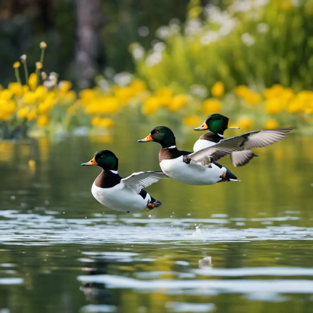 An image capturing the serene beauty of a pair of male and female Common Goldeneye ducks gliding gracefully across the sparkling waters of a tranquil California lake, surrounded by lush greenery and vibrant wildflowers