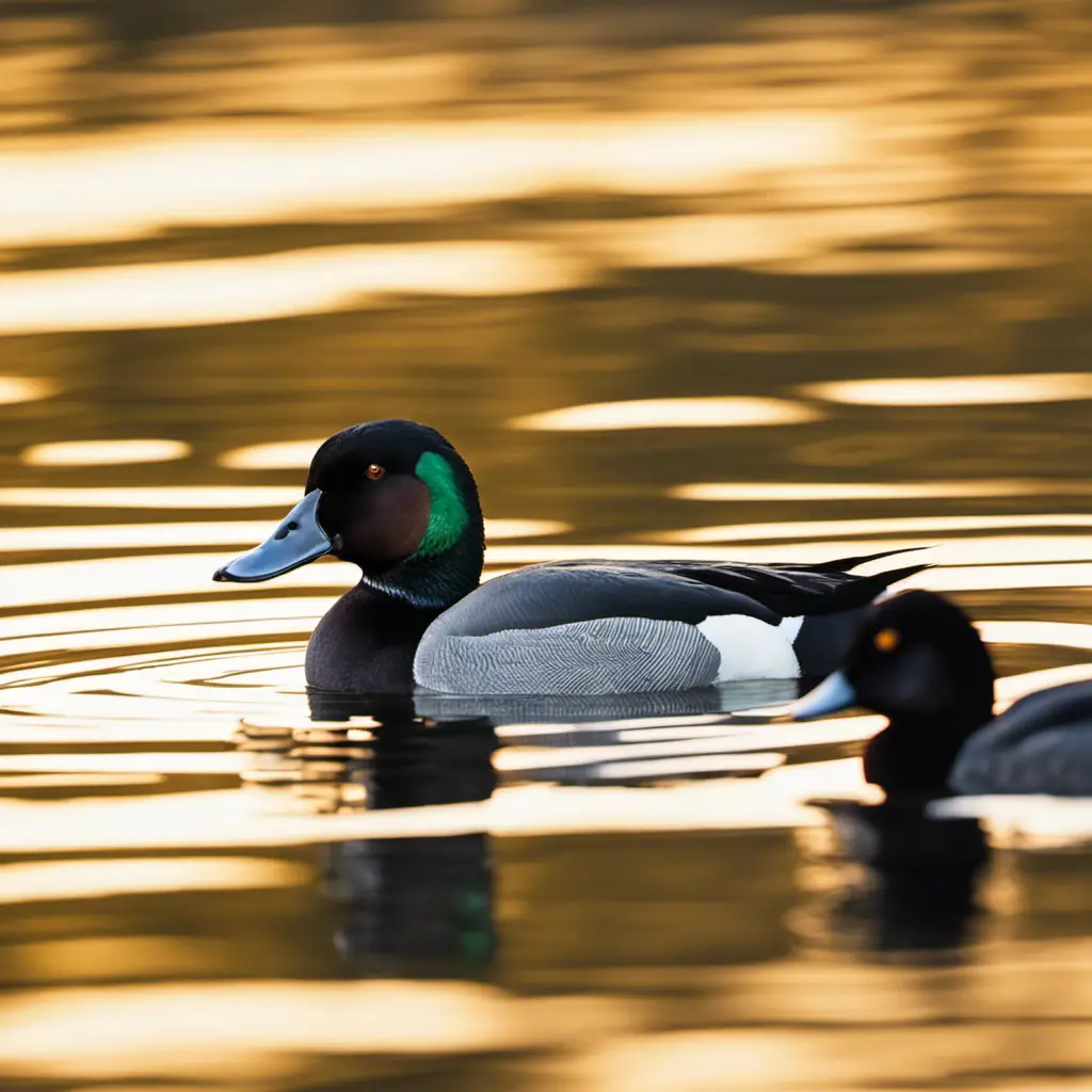 An image capturing the ethereal beauty of a flock of Greater Scaup gracefully gliding across the shimmering waters of a serene California lake, their sleek black and white feathers contrasting against the golden hues of the surrounding landscape