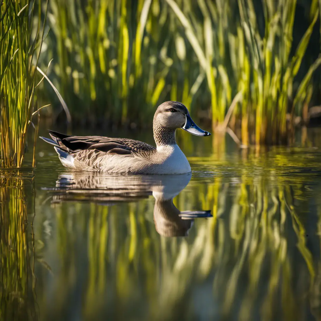 An image capturing the serene beauty of a Gadwall duck gliding gracefully on the tranquil waters of a sun-kissed Californian wetland, surrounded by vibrant green reeds and reflected blue skies