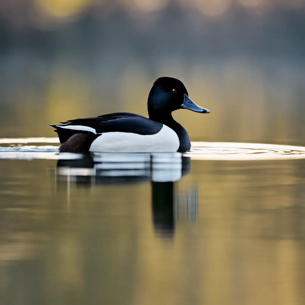 An image capturing the breathtaking sight of a male Ring-necked Duck gliding across a tranquil California lake, showcasing its glossy black plumage and striking white ring around its bill