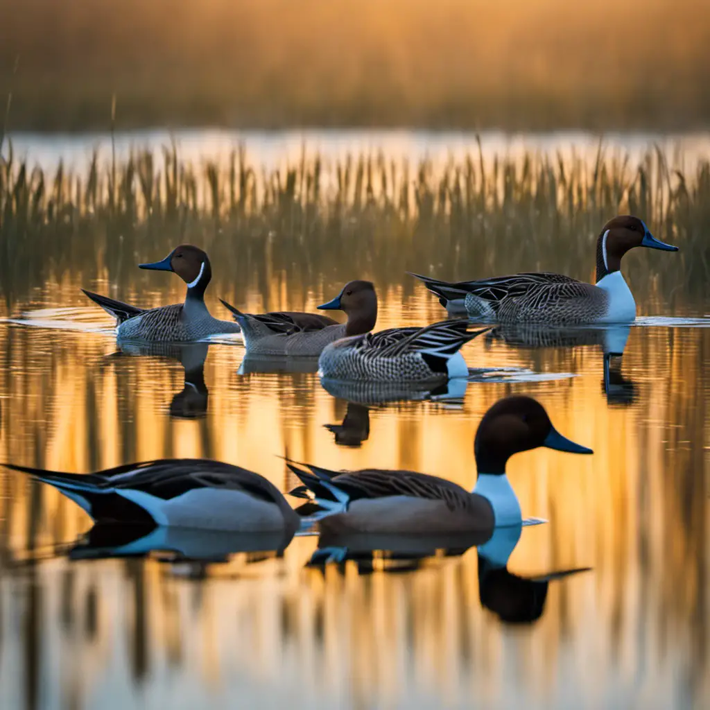 An image that captures the ethereal beauty of Northern Pintails gliding gracefully over a shimmering California wetland at dawn, their elongated necks and slender bodies reflected in the tranquil water below