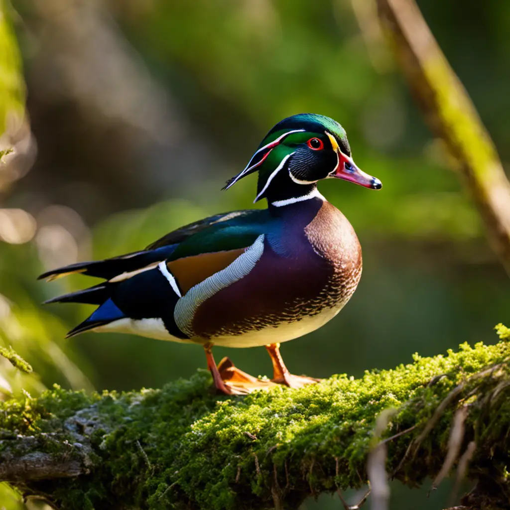 An image capturing the vibrant beauty of a male Wood Duck perched on a moss-covered branch, its iridescent plumage gleaming under dappled sunlight, amidst the serene surroundings of a lush California wetland