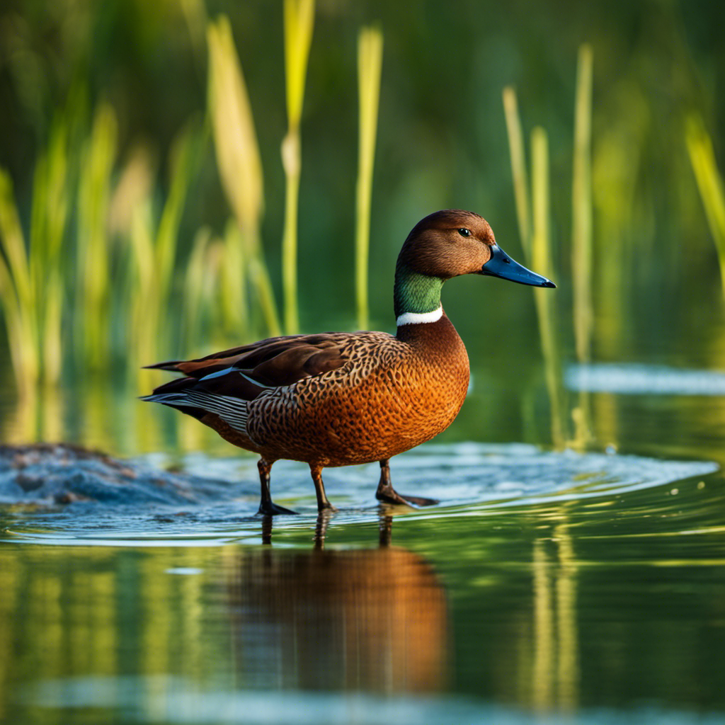 An image capturing the vibrant essence of Florida's Cinnamon Teal ducks: their striking cinnamon plumage contrasting against emerald-green wetlands, while gracefully gliding across shimmering waters under the radiant Florida sun