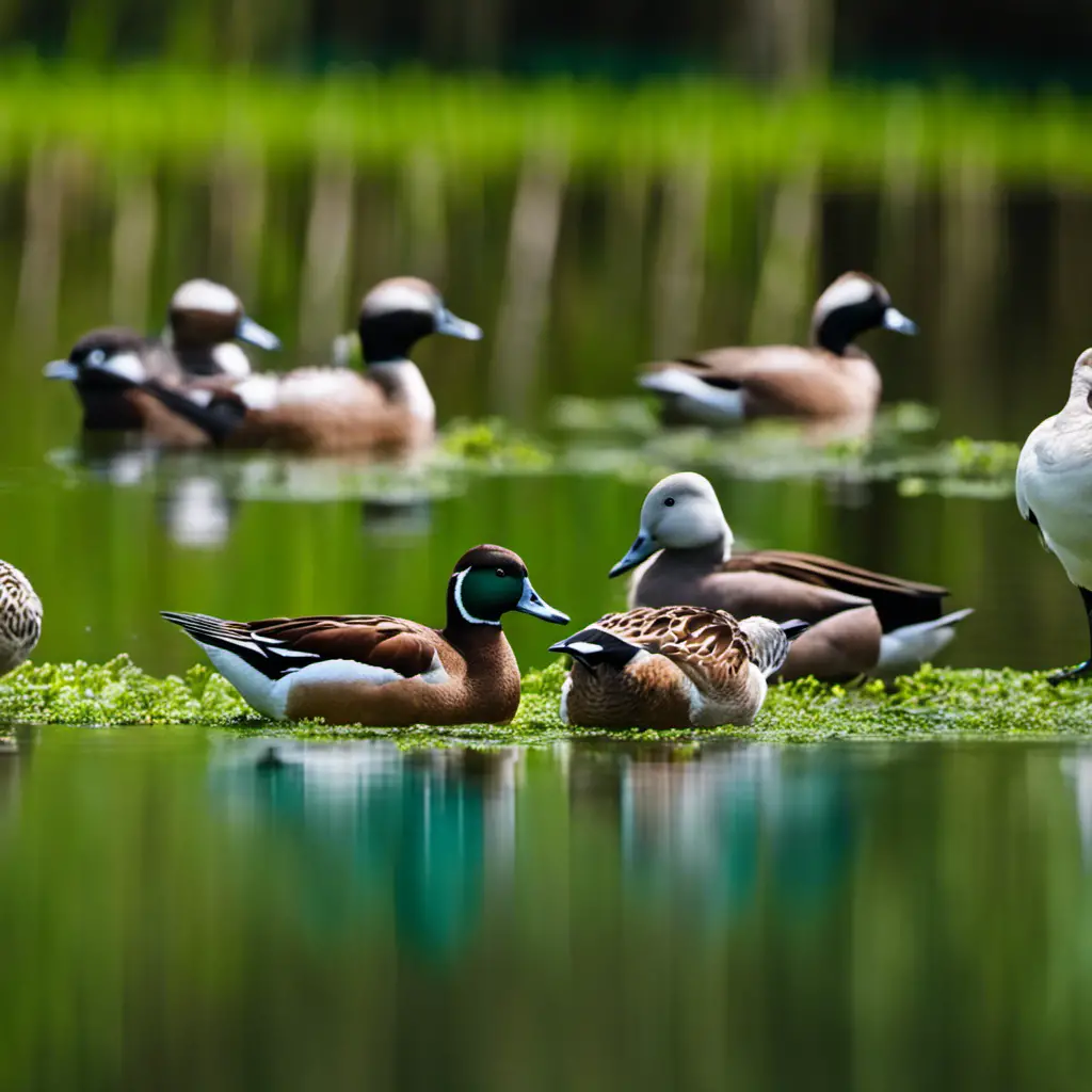 An image showcasing the vibrant wetlands of Florida, with a flock of American Wigeons gracefully swimming amidst lush green vegetation, their striking white faces and brown bodies beautifully contrasting against the serene blue waters